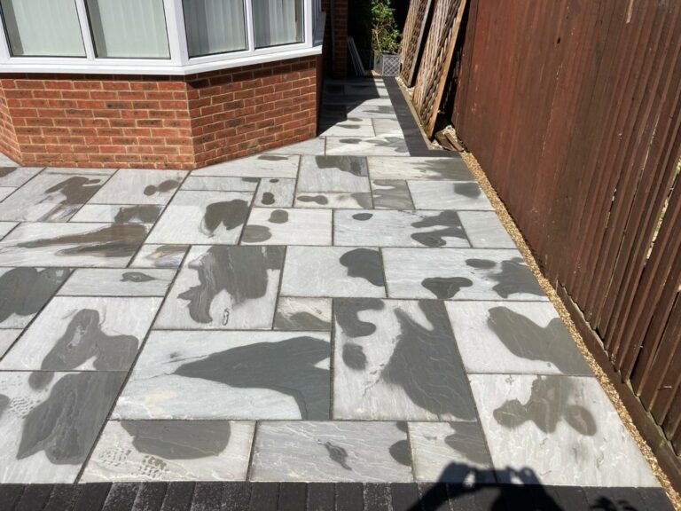 Indian Sandstone Patio with Brick Border in Ashford, Kent