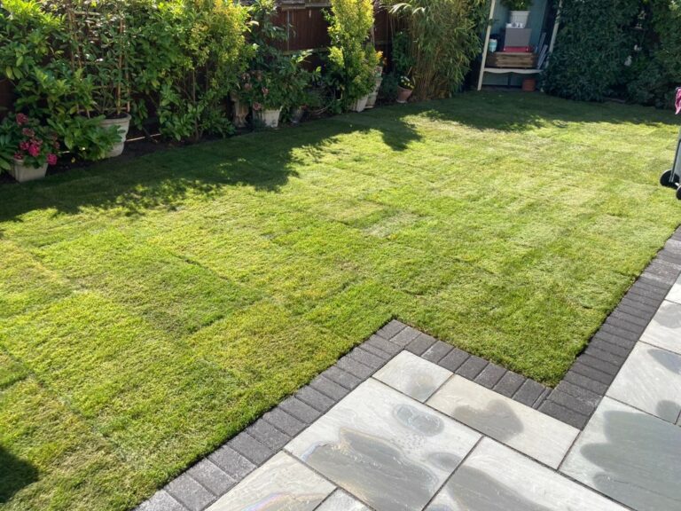Indian Sandstone Patio with Brick Border in Ashford, Kent