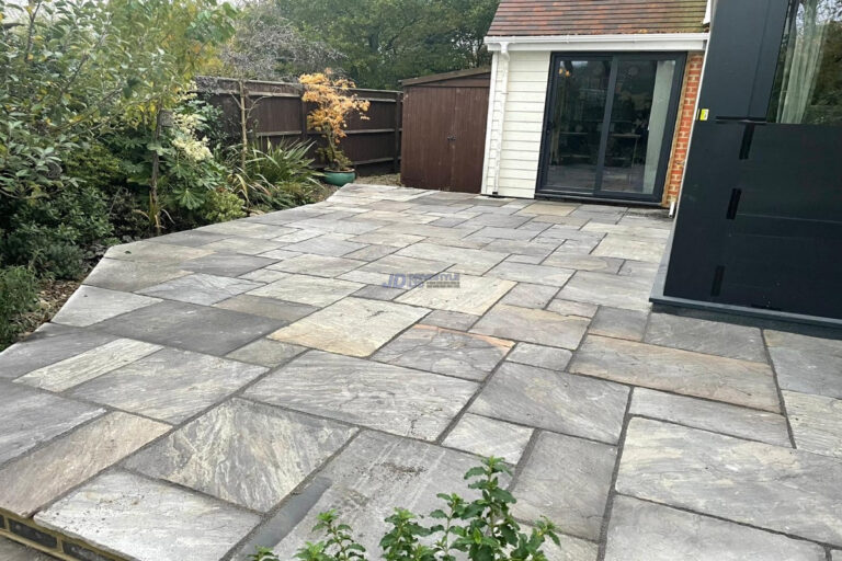 Raised Indian Sandstone Patio With Brick Wall And Steps In Ashford, Kent (4)