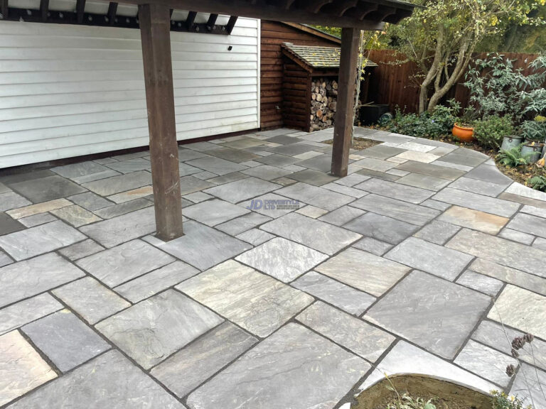 Raised Indian Sandstone Patio With Brick Wall And Steps In Ashford, Kent (8)