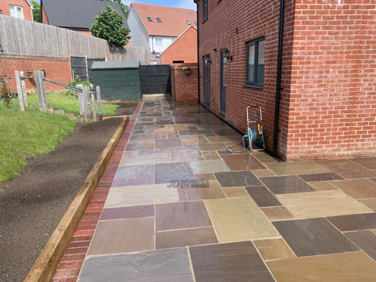 Indian Sandstone Patio With Brick Border And Sleepers In Ashford, Kent (10)