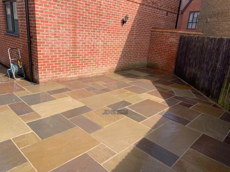 Indian Sandstone Patio With Brick Border And Sleepers In Ashford, Kent (13)