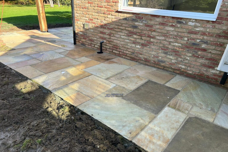 Indian Sandstone Patio With New Brick Wall In Ashford, Kent (3)