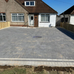 Charcoal Block Paved Driveway with Step and New Fence in…