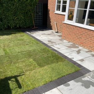 Indian Sandstone Patio with Brick Border in Ashford, Kent