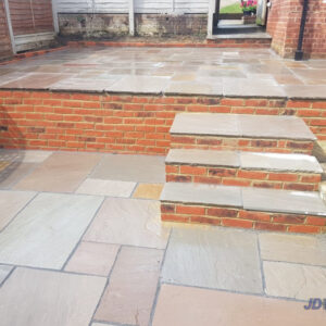 Indian Sandstone Patio with Brick Wall and Steps in Southborough,…