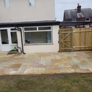 Indian Sandstone Patio with New Wooden Gate in Tunbridge Wells